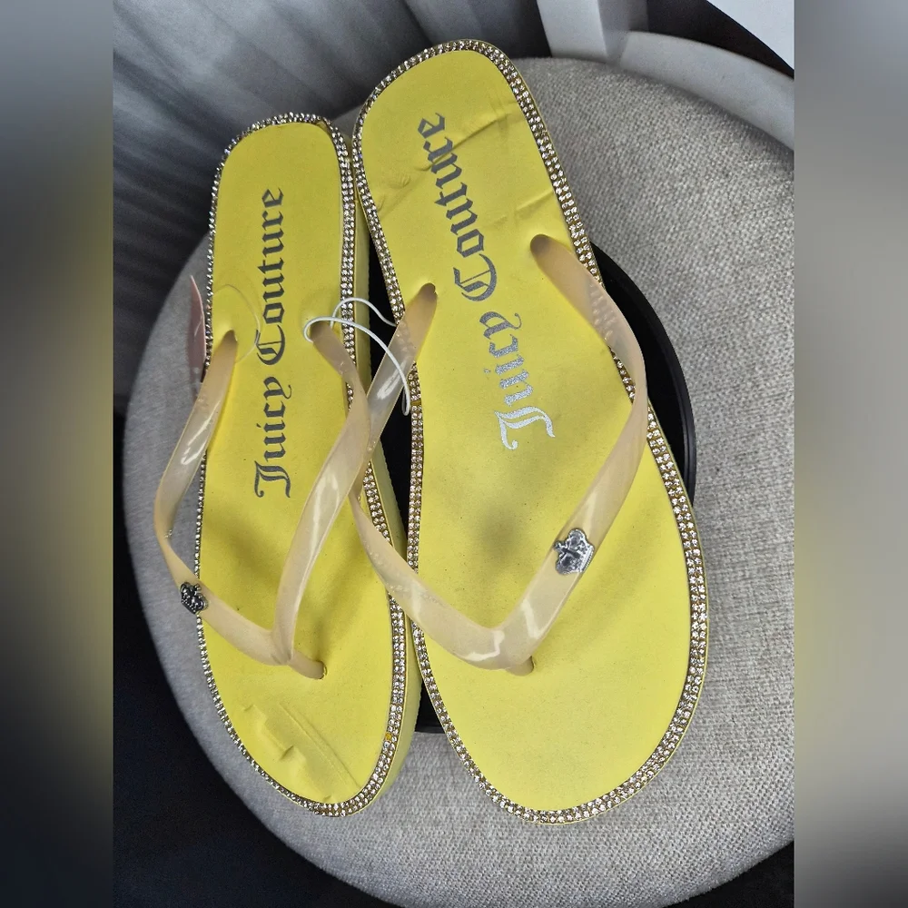 NWT Juicy Couture Yellow Flip Flops with Rhinestone Trim